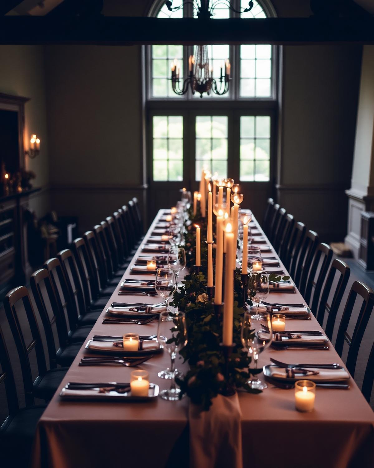 A long candlelit dining table laid for a celebration