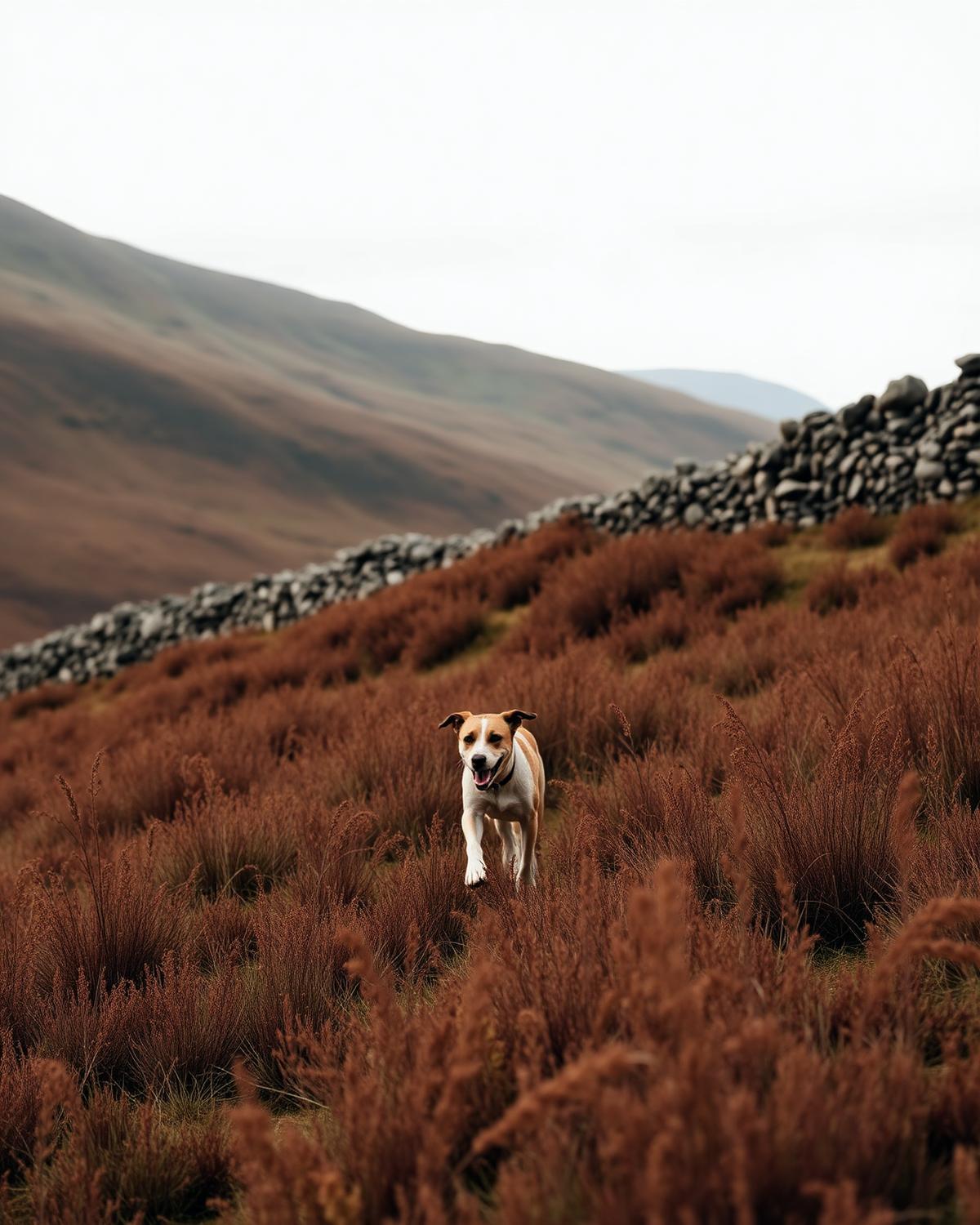 A dog running through bracken on a Lake District fellside
