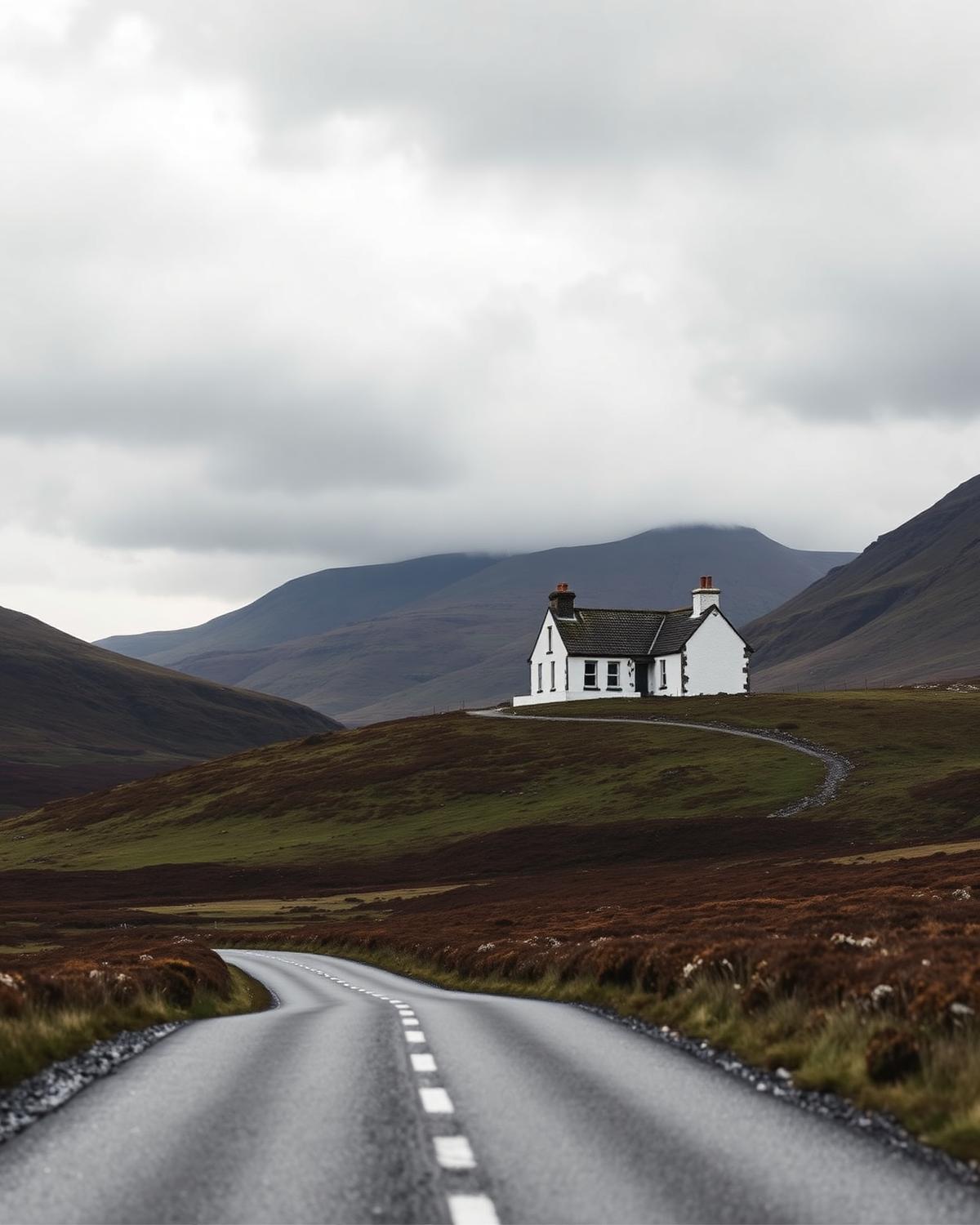 A lone white farmhouse in a remote Lakeland valley