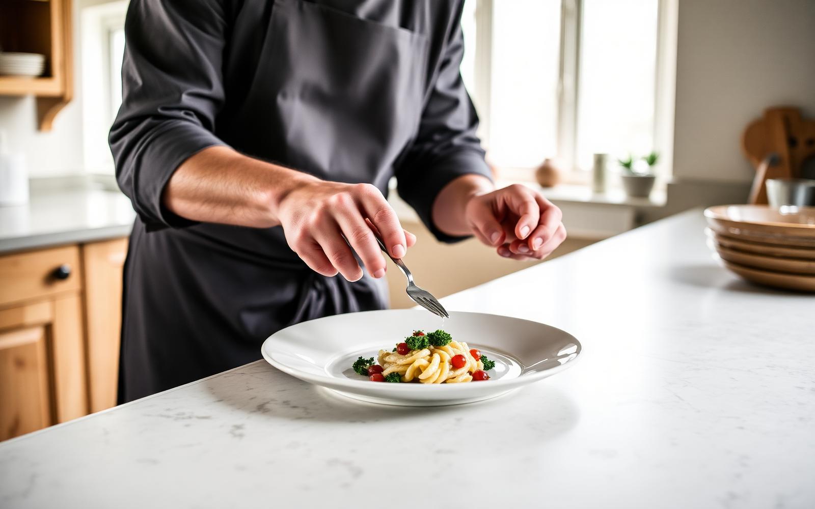 A private chef plating a dish in a country house kitchen