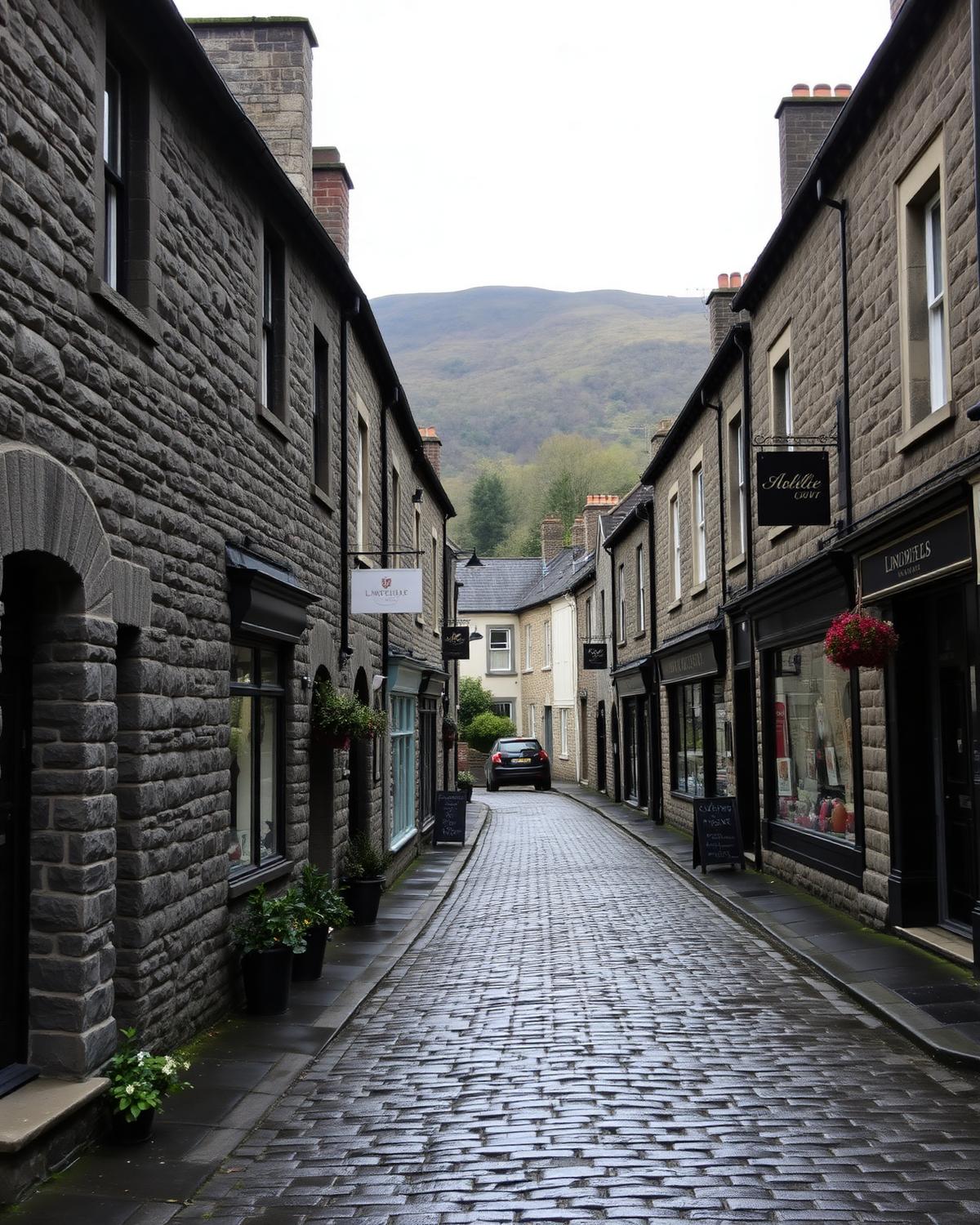 A wet cobbled street of slate buildings in Ambleside