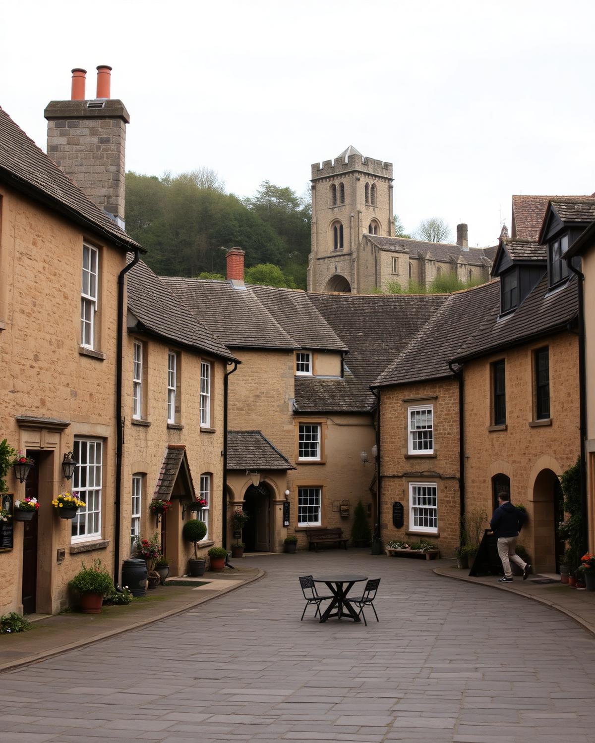 Cartmel village square with the priory tower behind