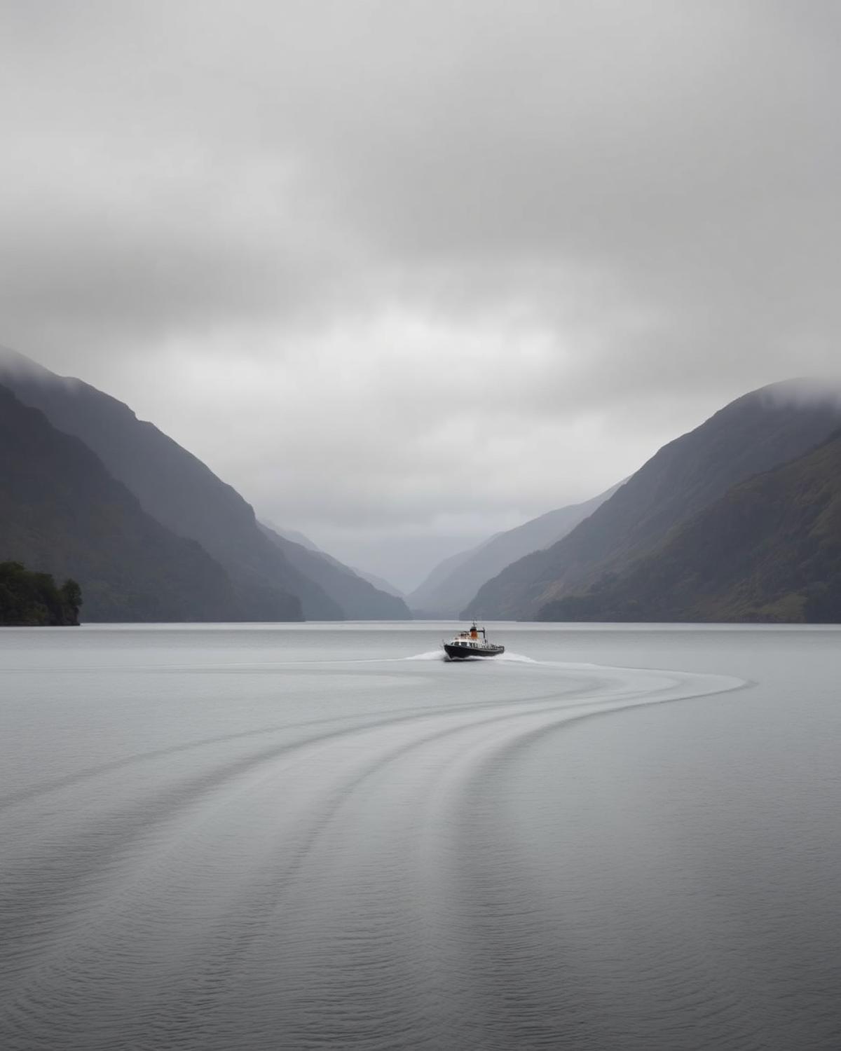 A steamer crossing Ullswater beneath dramatic fells