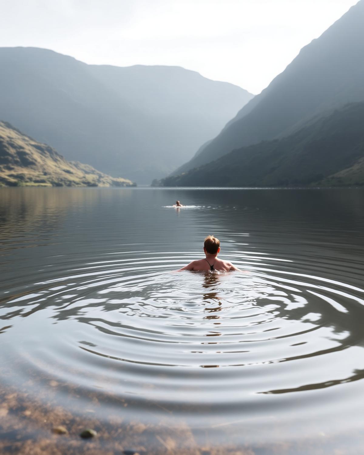 A swimmer in a clear Lake District tarn