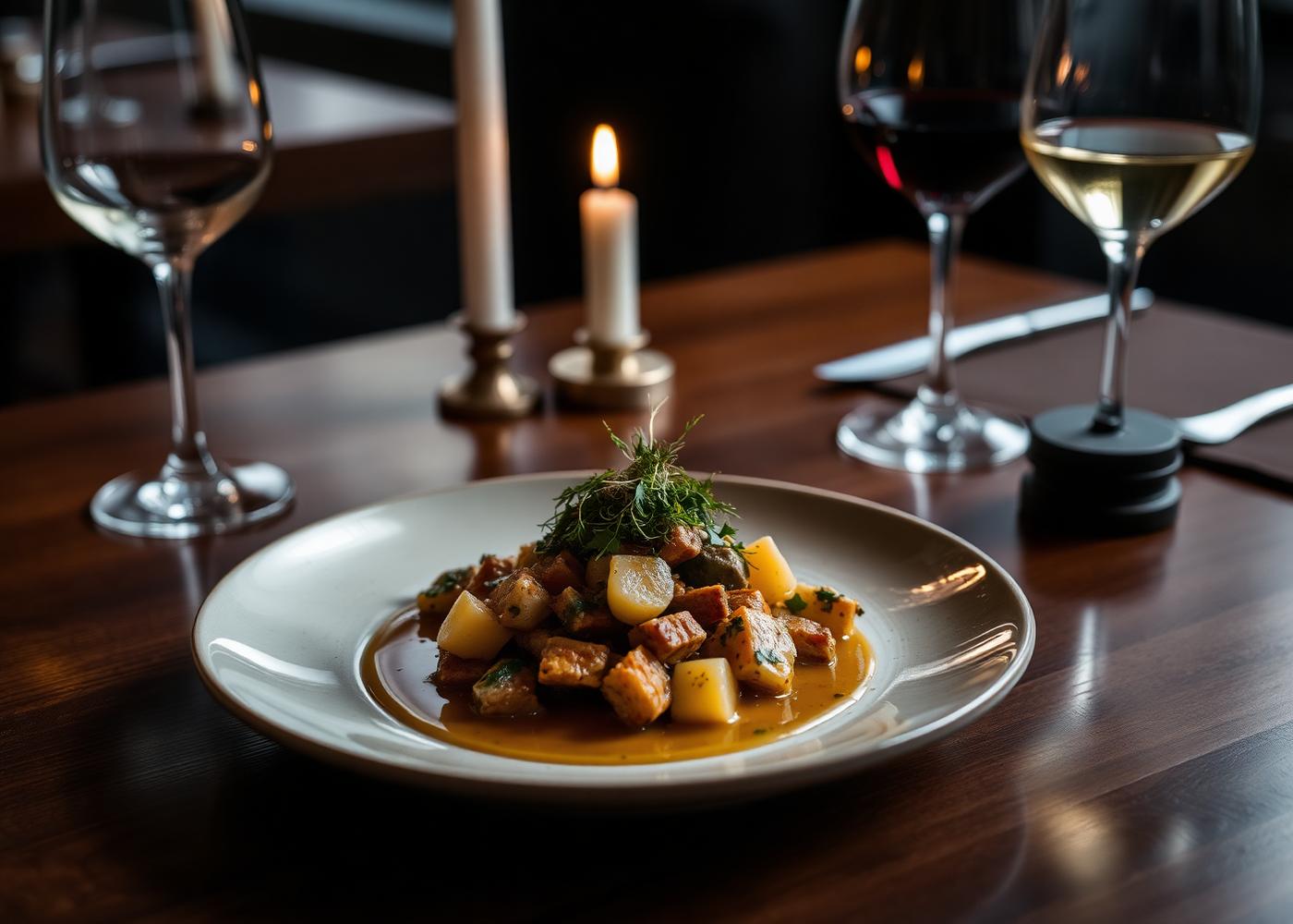 A refined dish on a candlelit restaurant table