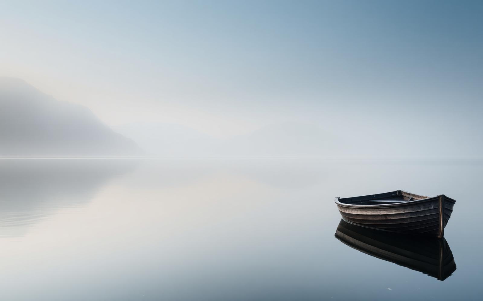 A wooden boat on a still Lake District lake at dawn