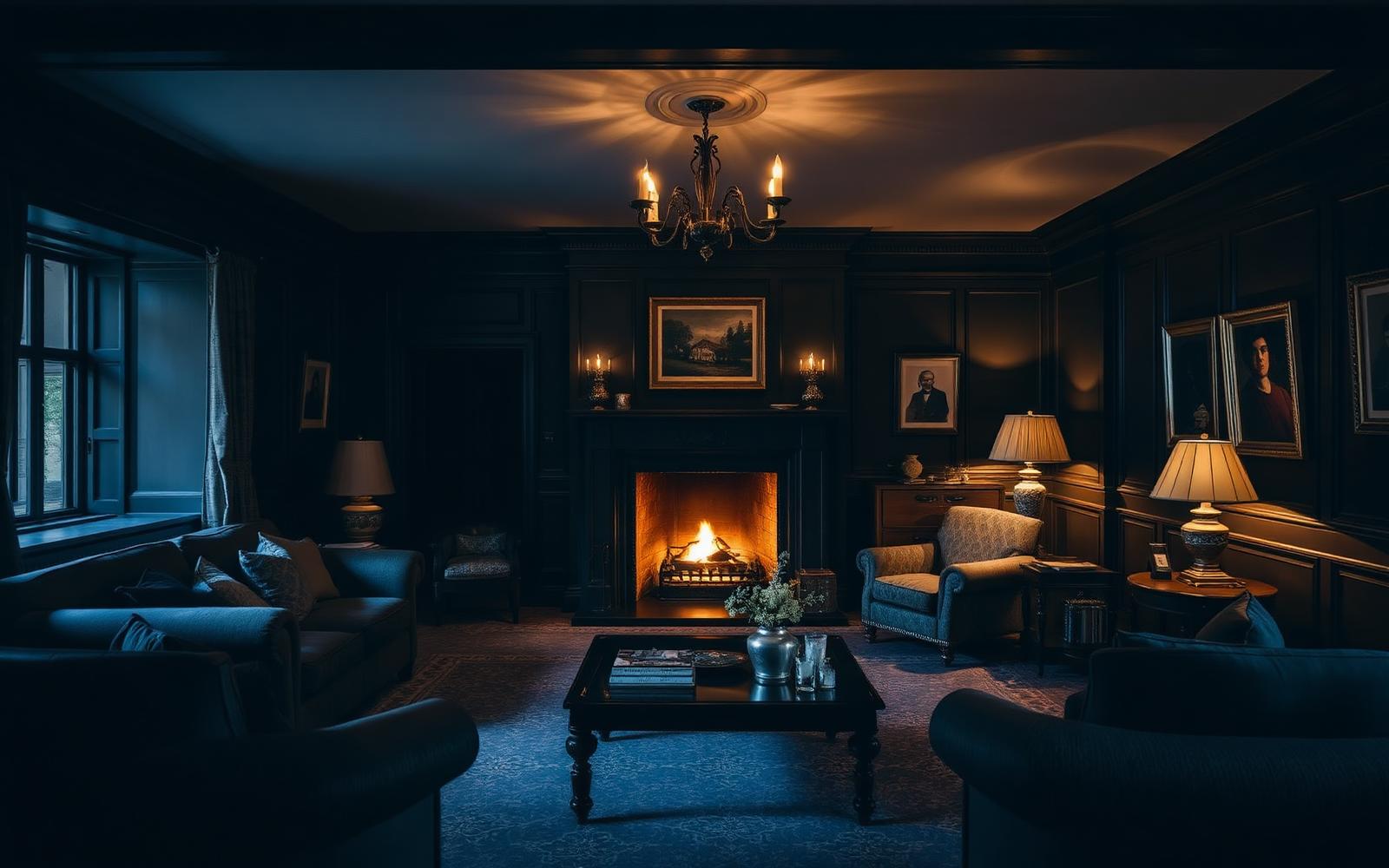 A firelit panelled drawing room in a private Lake District house
